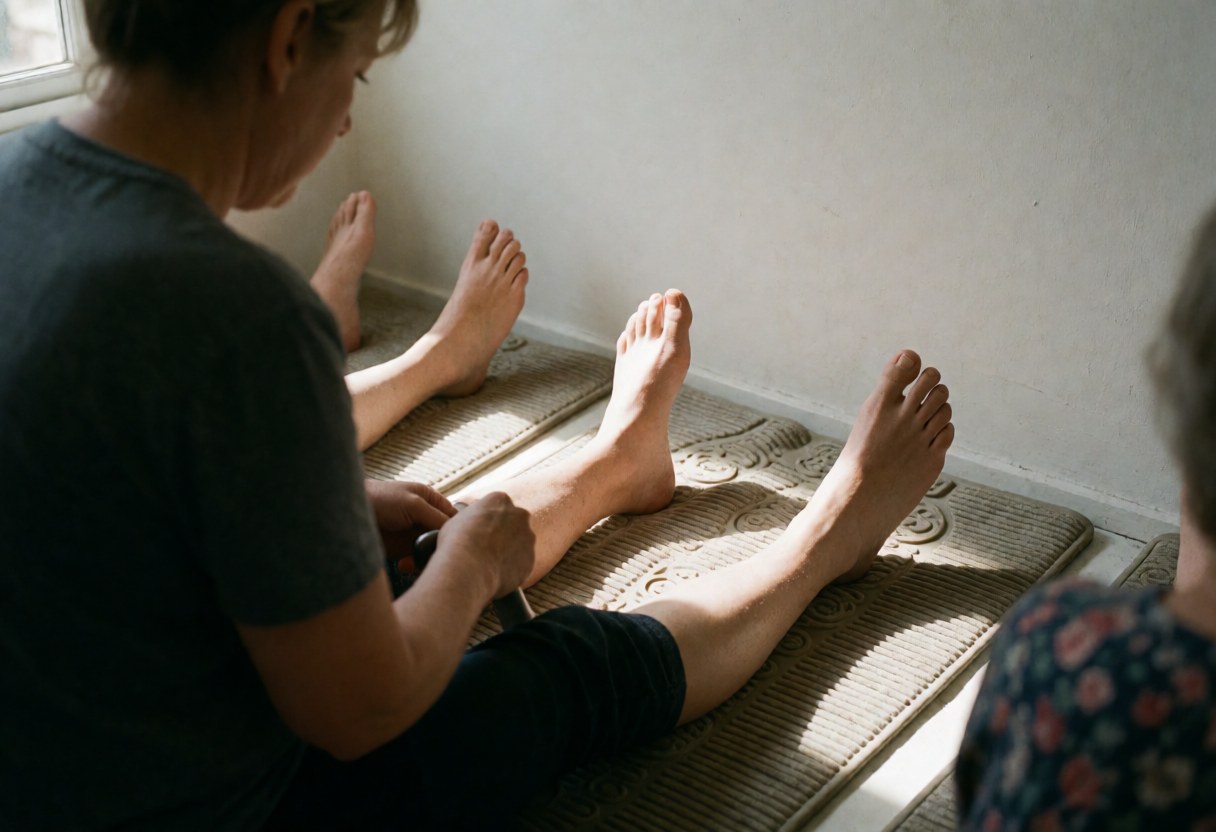 Thérapeute pratiquant la réflexologie sur les pieds d'un client, sur un tapis texturé, avec lumière naturelle et mur blanc, scène de bien-être.