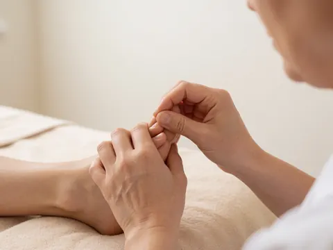 Prise de vue rapprochée des mains d'un thérapeute pratiquant un massage sur le pied d'un client posé sur une serviette beige, évoquant détente et bien-être.