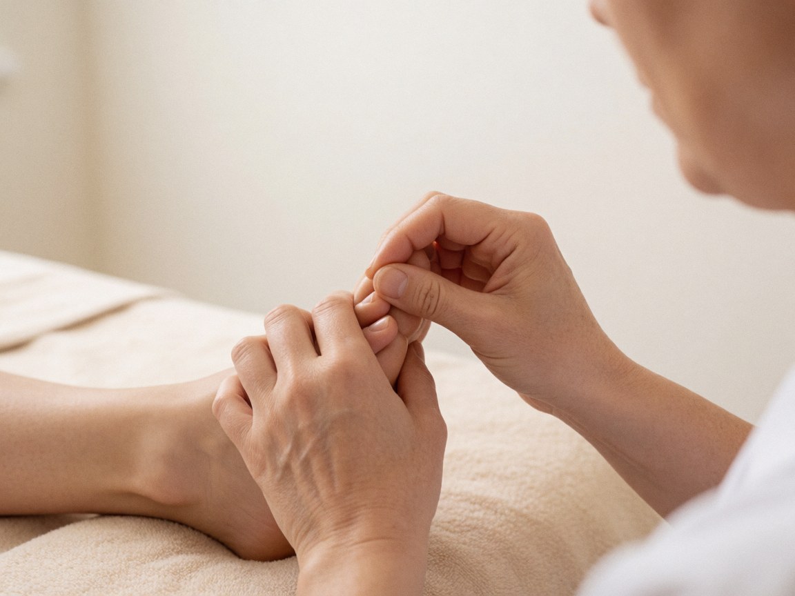 Prise de vue rapprochée des mains d'un thérapeute pratiquant un massage sur le pied d'un client posé sur une serviette beige, évoquant détente et bien-être.