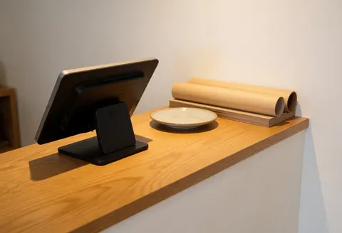 Comptoir en bois avec caisse enregistreuse, assiette en céramique et rouleaux de papier sur fond blanc, éclairage chaleureux pour boutique artisanale.