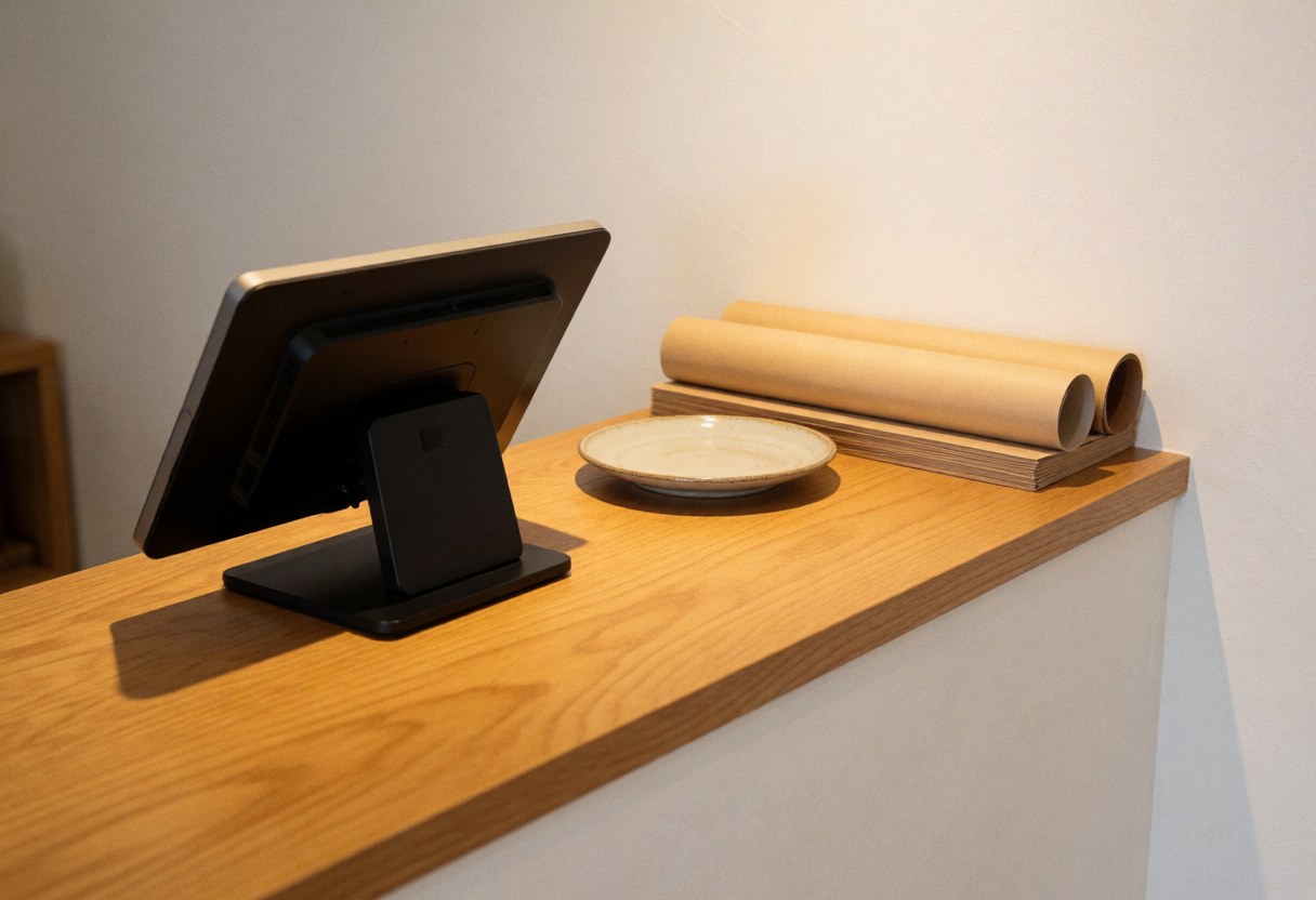 Comptoir en bois avec caisse enregistreuse, assiette en céramique et rouleaux de papier sur fond blanc, éclairage chaleureux pour boutique artisanale.