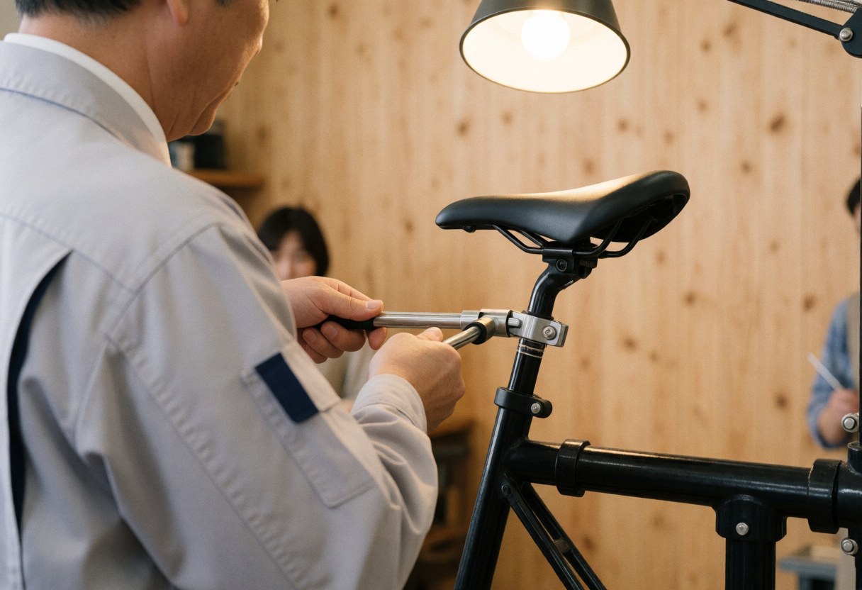 Un mécanicien ajuste le selle d'un vélo à l'aide d'une clé dynamométrique dans un atelier au fond flou et à la lumière chaude.