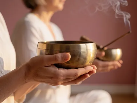 Gros plan de mains tenant une cloche métallique avec de la fumée d'encens flottant sur un fond rose, évoquant calme et bien-être.