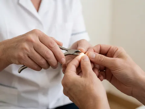 Podologue en uniforme blanc utilisant des pinces pour traiter un ongle incarné, mains et outil nets sur fond flou dans un environnement clinique propre.