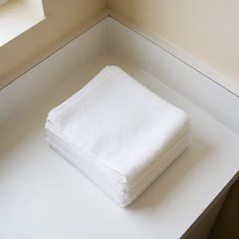 Plusieurs serviettes hygiéniques blanches et propres sont soigneusement pliées et disposées sur une surface plane et claire, évoquant l'hygiène et le soin.