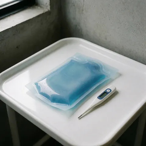 Un pack de gel bleu accompagné d'un thermomètre numérique posé sur une tablette blanche, éclairé par une lumière naturelle créant des reflets subtils.
