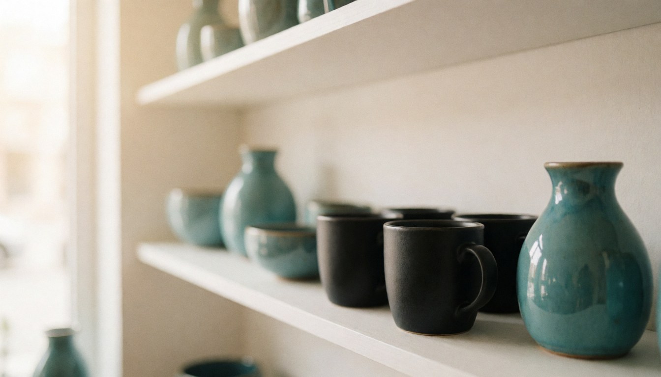 Étagères blanches contenant des mugs noirs et des verres turquoise, mettant en valeur la céramique artisanale aux finitions mates et brillantes sous une douce lumière naturelle.