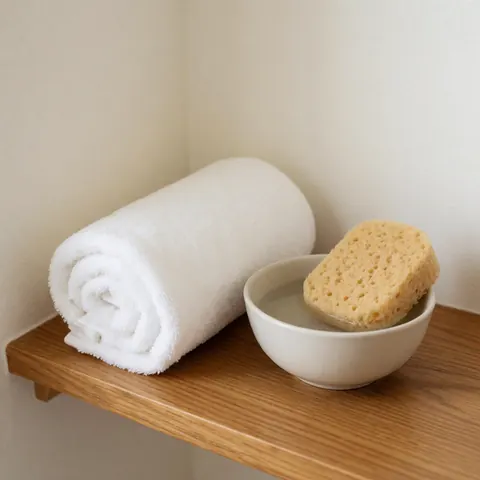 Des serviettes blanches pliées et un bol d'eau claire disposés sur une étagère en bois, évoquant l'hygiène et la propreté dans un contexte de bien-être.