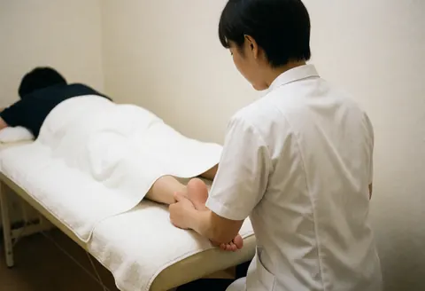 Un thérapeute en tenue blanche réalise un soin des pieds sur un client allongé sur une table recouverte d'une serviette dans un espace lumineux et apaisant.