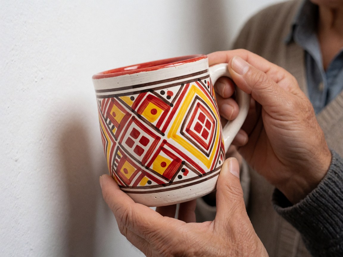 Mug en céramique avec motif géométrique andin, mains tenant le produit sur fond blanc, éclairage doux, détail d'art céramique.