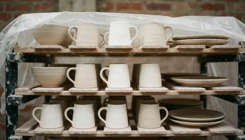 Une étagère en bois rustique posée sur un mur en briques, servant à faire sécher divers objets en céramique blanche et beige.