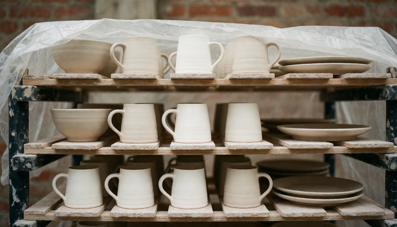 Une étagère en bois rustique posée sur un mur en briques, servant à faire sécher divers objets en céramique blanche et beige.