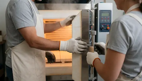 Vue rapprochée de la porte d'un four ouvert révélant la chaleur et la lumière intense à l'intérieur, utilisé pour la cuisson de céramique artisanale.