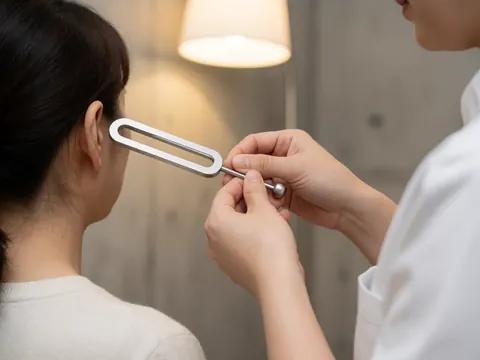 Praticien de reiki appliquant un diapason sonore près de l'oreille d'une cliente dans un cadre de thérapie alternative avec lumière chaude.