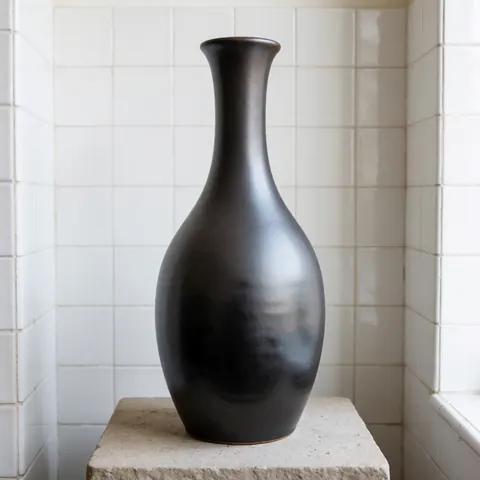 Vase en céramique artisanale à col long et base large, finition mate sombre, posé sur un piédestal en pierre, fond de carreaux blancs, éclairage naturel latéral.