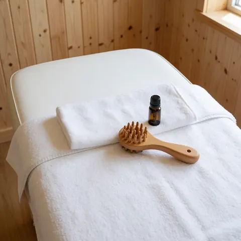 Table de massage propre avec serviette blanche, brosse en bois et flacon d'huile essentielle sur fond de murs clairs en bois.