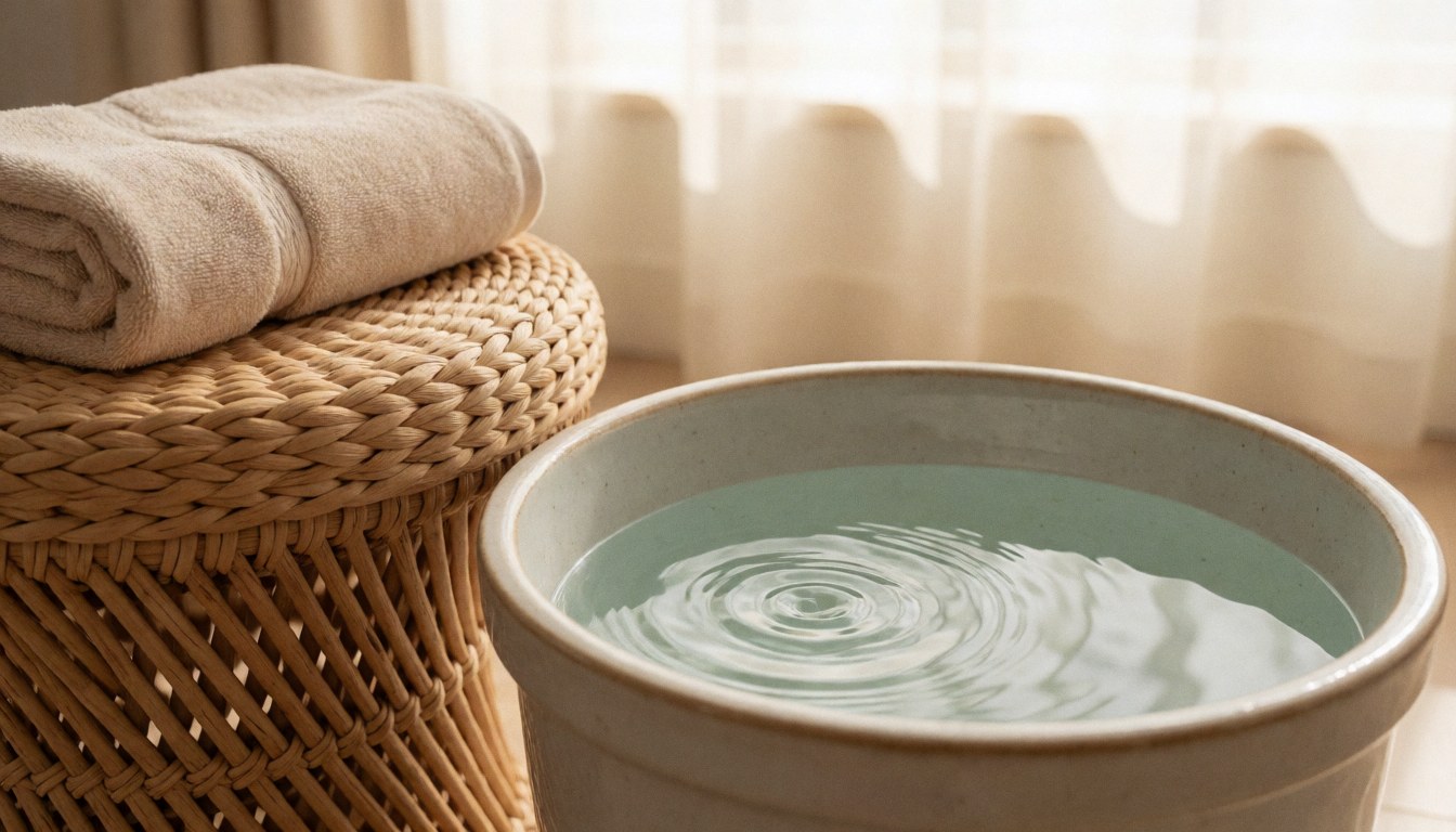 Des pieds reposant dans un bassin d'eau claire, accompagnés d'une serviette blanche posée sur une chaise en rotin naturel, évoquant la détente et le bien-être.
