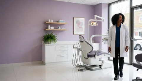 Intérieur moderne de clinique dentaire avec chaise, professionnel en blouse blanche, murs lavande, plante verte et étagère.