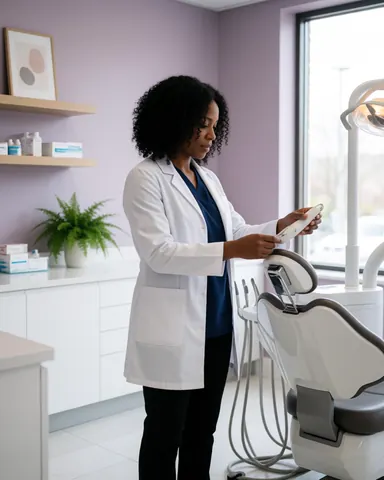 Espace de travail dentaire organisé avec chaise, instruments, armoire et plantes dans un environnement moderne et lumineux.