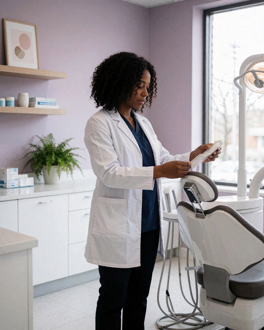 Espace de travail dentaire organisé avec chaise, instruments, armoire et plantes dans un environnement moderne et lumineux.