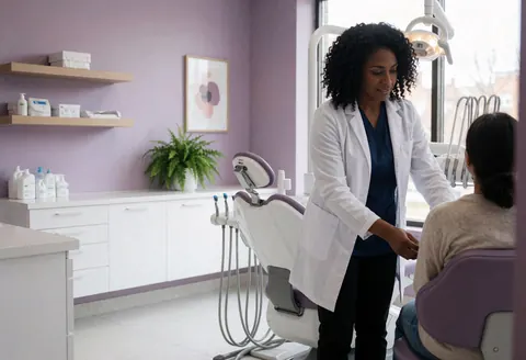 Dentiste en blouse blanche examine une patiente assise sur un fauteuil dentaire dans une clinique lumineuse aux murs violets.