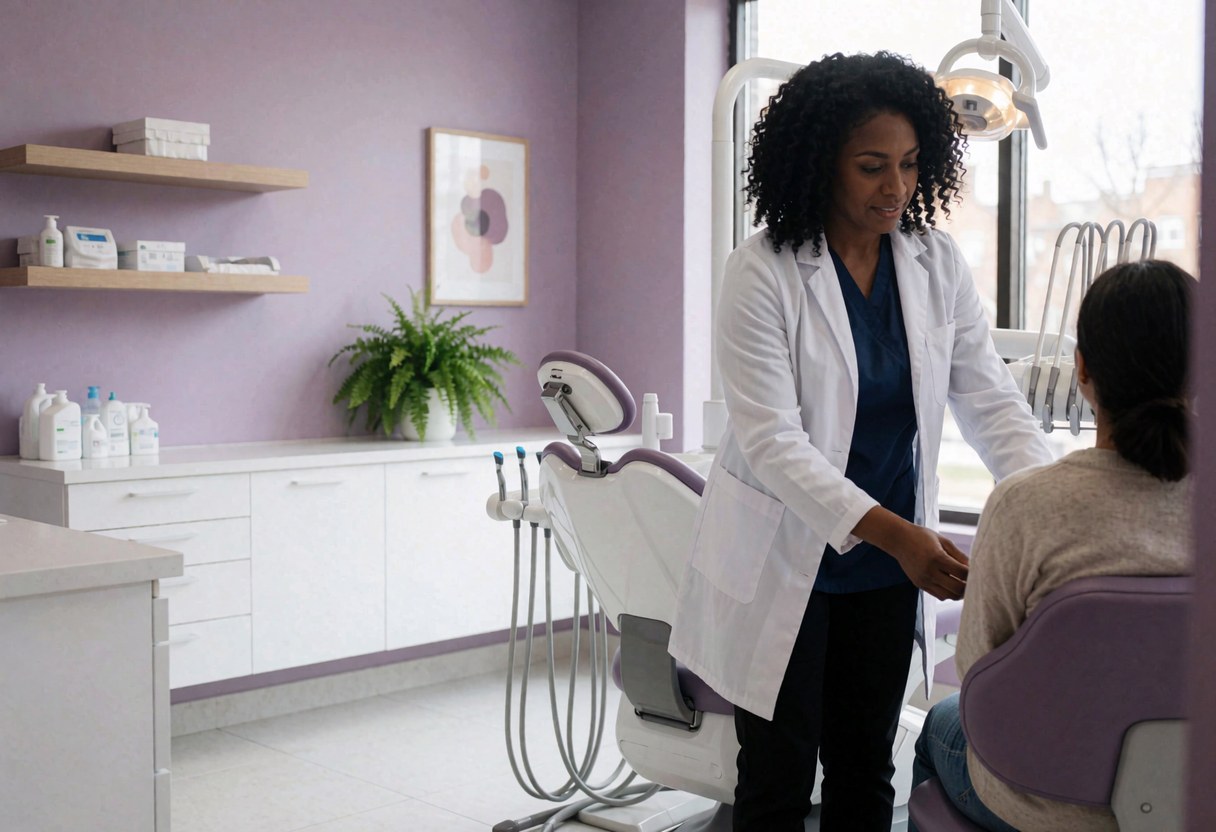 Dentiste en blouse blanche examine une patiente assise sur un fauteuil dentaire dans une clinique lumineuse aux murs violets.