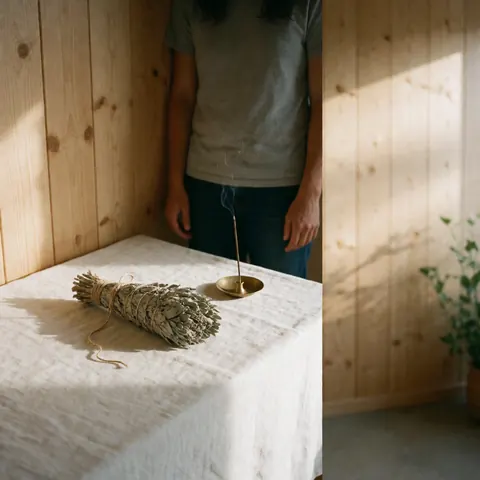 Un bouquet de sauge blanche attaché avec une corde naturelle repose sur une table couverte d'un linge blanc, à côté d'un bâton d'encens allumé dans un support en bronze.