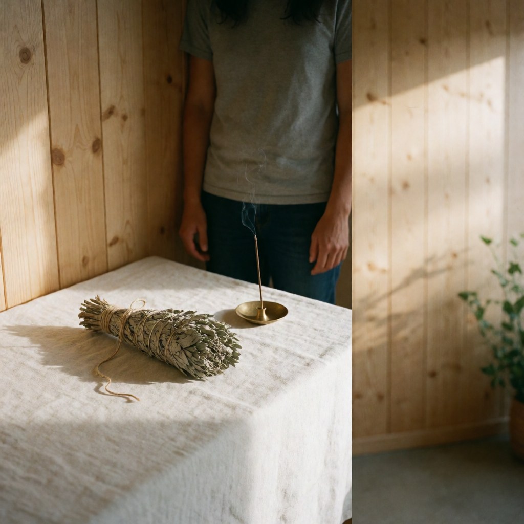 Un bouquet de sauge blanche attaché avec une corde naturelle repose sur une table couverte d'un linge blanc, à côté d'un bâton d'encens allumé dans un support en bronze.