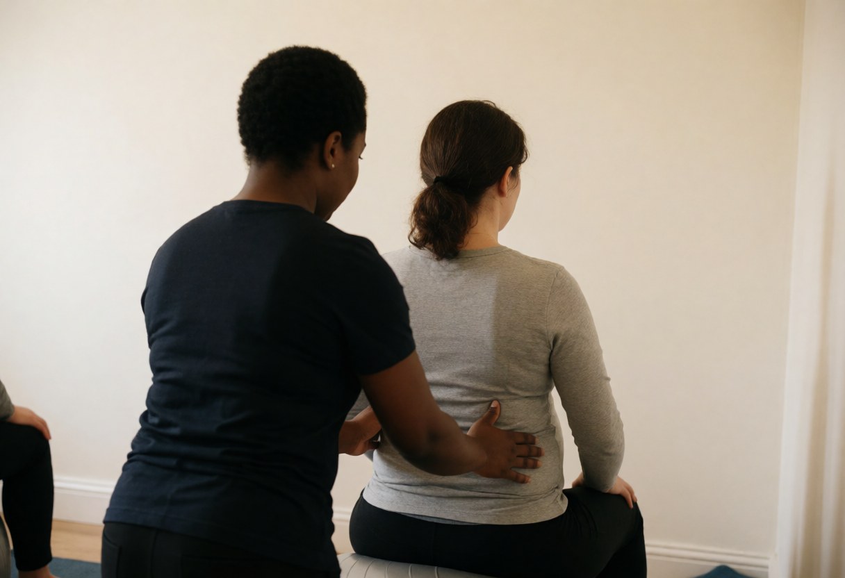 Une thérapeute effectue des étirements pelviens sur une cliente enceinte dans un studio professionnel.