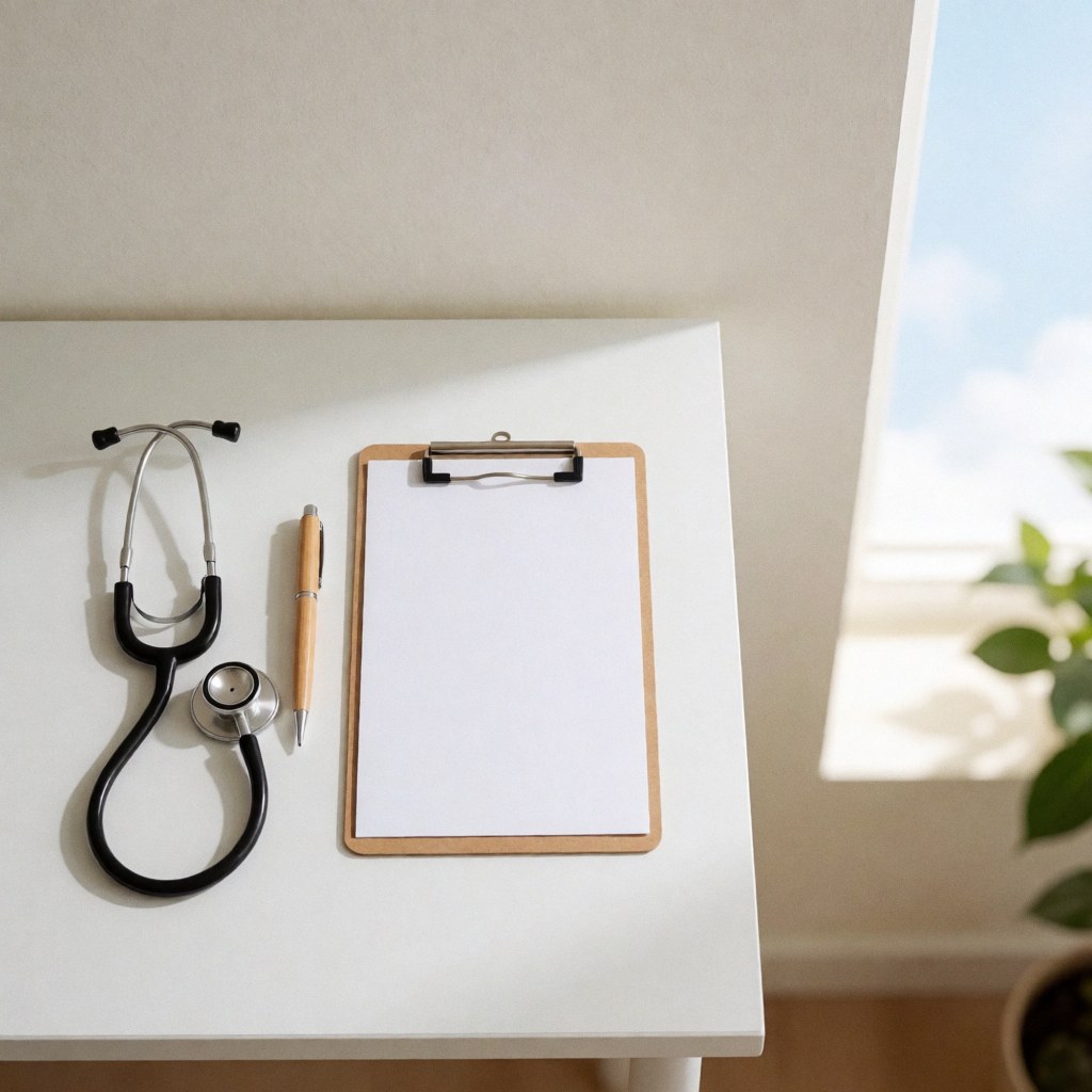 Bureau blanc avec stéthoscope, stylo et porte-documents, lumière naturelle par la fenêtre, idéal pour clinique ou cabinet médical.