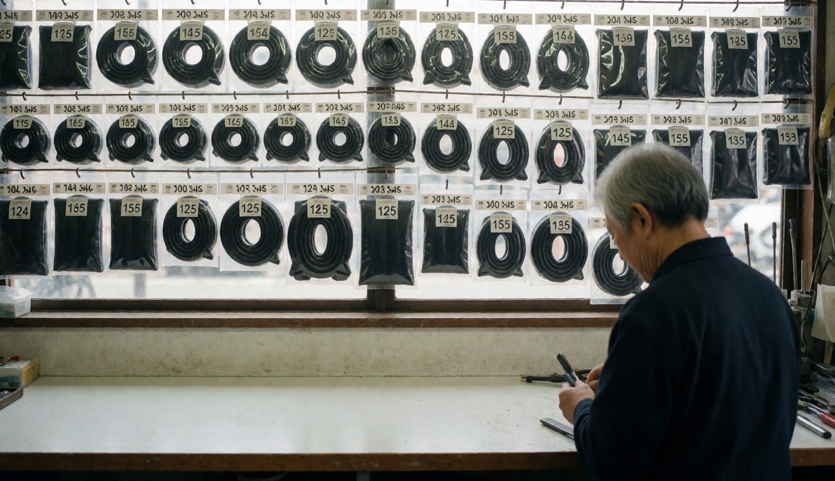 Un mécanicien travaille sur un vélo au comptoir d'un atelier de réparation. Des rouleaux de pneus sont visibles sur le mur dans un environnement ordonné et bien éclairé.