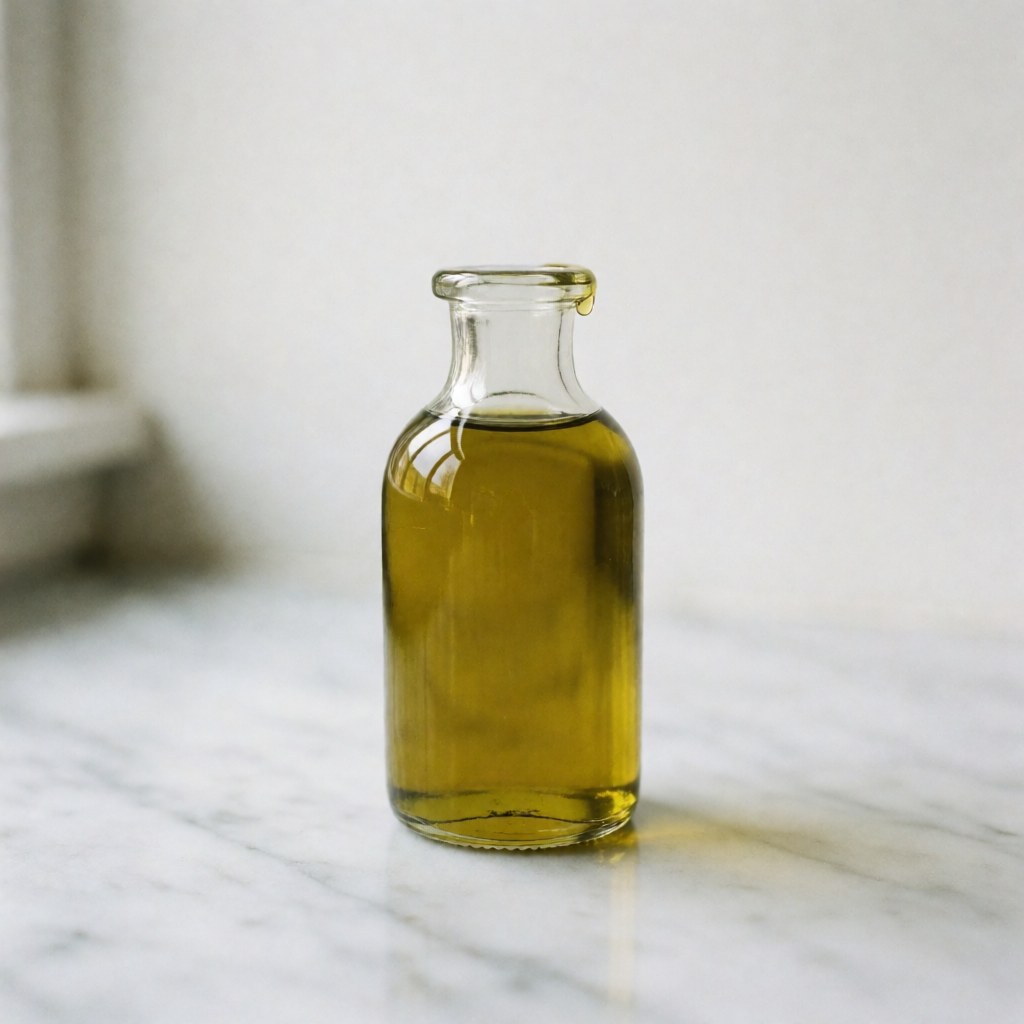 Une bouteille en verre transparent contenant de l'huile d'olive pure posée sur une surface blanche, éclairée par la lumière naturelle.