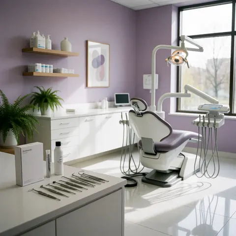 Outils dentaires stériles disposés sur une table blanche dans un cabinet dentaire moderne avec murs violets, chaise, fenêtre et plante.