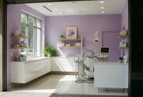 Intérieur d'une clinique dentaire moderne et propre avec murs lavande, chaise dentaire, fenêtres lumineuses et étagères en bois.