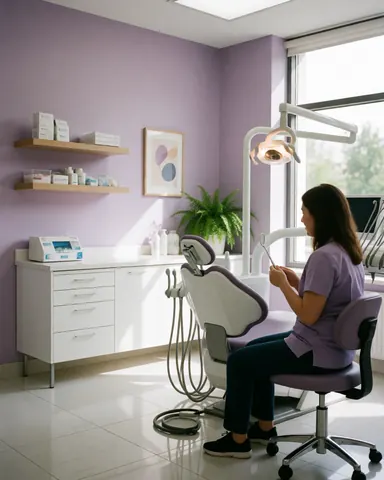 Un professionnel de l'odontologie dans une clinique moderne avec des murs lavande, une chaise dentaire, de la lumière et une plante. Ambiance propre et professionnelle.