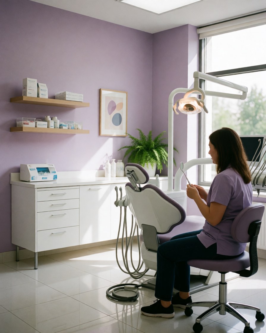 Un professionnel de l'odontologie dans une clinique moderne avec des murs lavande, une chaise dentaire, de la lumière et une plante. Ambiance propre et professionnelle.