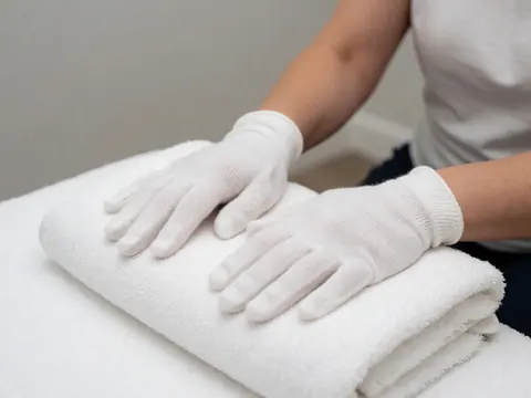 Des mains portant des gants blancs reposent sur une serviette propre, soulignant l'hygiène et le soin dans un contexte de réflexologie.