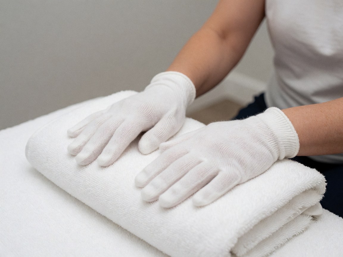Des mains portant des gants blancs reposent sur une serviette propre, soulignant l'hygiène et le soin dans un contexte de réflexologie.