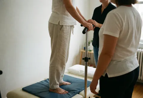 Cliente allongee sur un tapis de reflexologie recevant un soutien, therapeute observant dans un environnement professionnel et securise.