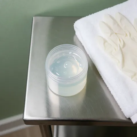 Jarre en gel d'ultrason transparent posée sur une table en acier inoxydable, accompagnée d'une serviette blanche et de gants jetables dans un environnement médical stérile aux murs verts.
