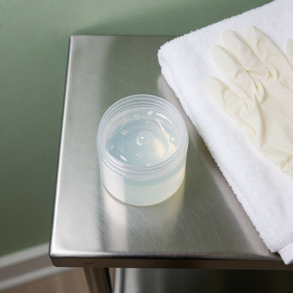 Jarre en gel d'ultrason transparent posée sur une table en acier inoxydable, accompagnée d'une serviette blanche et de gants jetables dans un environnement médical stérile aux murs verts.
