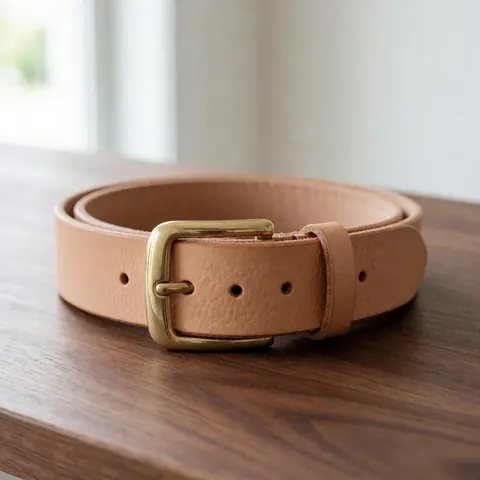 Ceinture en cuir naturel posée sur une table en bois, éclairée par la lumière du jour, idéale pour la vente de produits artisanaux et de mode.