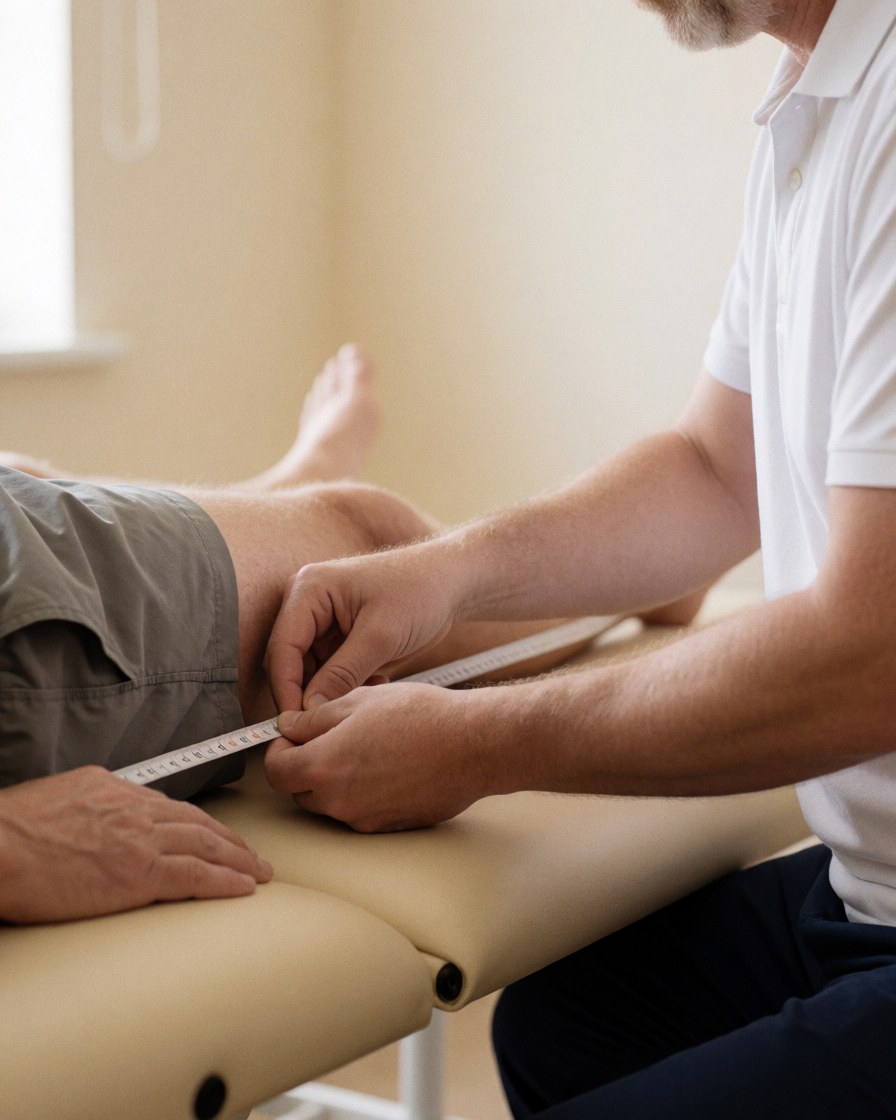 Un professionnel de santé effectue une évaluation physique sur un patient dans un centre de kinésithérapie.