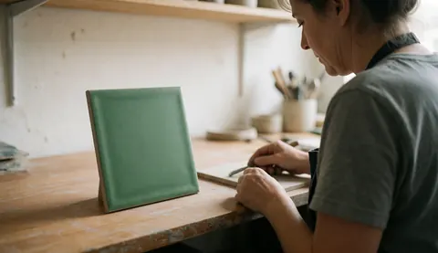 Artisan travaillant sur un carreau vert mat sur une table en bois dans un atelier de céramique, avec lumière naturelle et fond flou idéal pour le web.