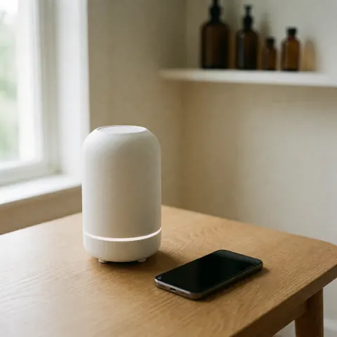 Diffuseur blanc posé sur une table en bois clair, éclairé par la lumière naturelle, avec des bouteilles en verre en arrière-plan flou, évoquant bien-être et calme.