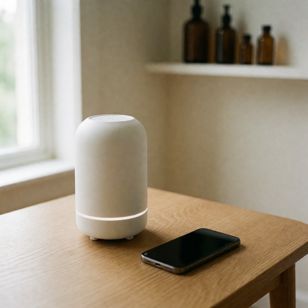 Diffuseur blanc posé sur une table en bois clair, éclairé par la lumière naturelle, avec des bouteilles en verre en arrière-plan flou, évoquant bien-être et calme.