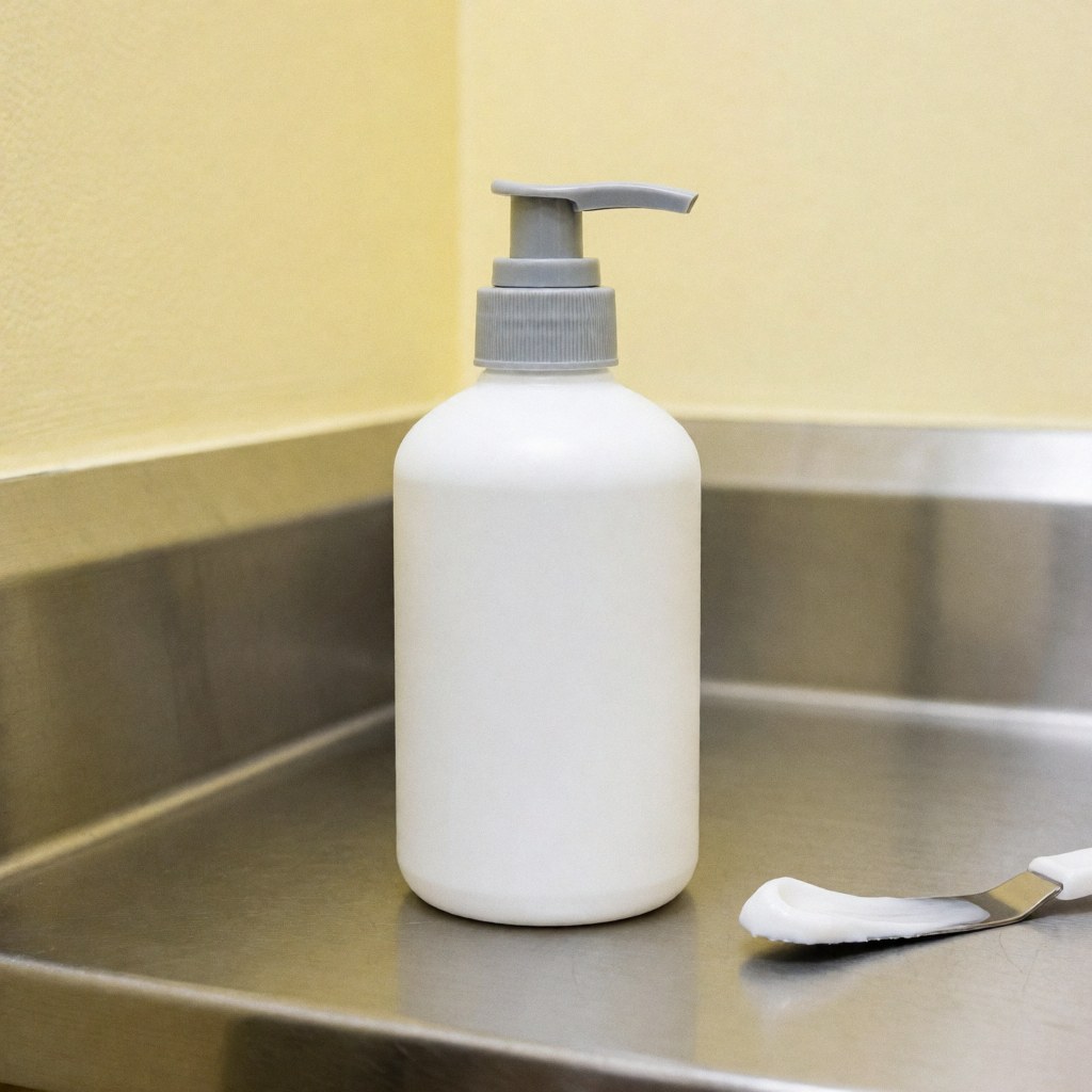 Bouteille de crème pour pieds avec pompe grise sur une surface en acier inoxydable, accompagnée d'une cuillère contenant la crème dans un environnement professionnel.