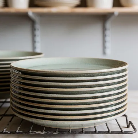 Vue rapprochée d'assiettes en céramique artisanale à la surface texturée et au fini naturel, présentées après cuisson.