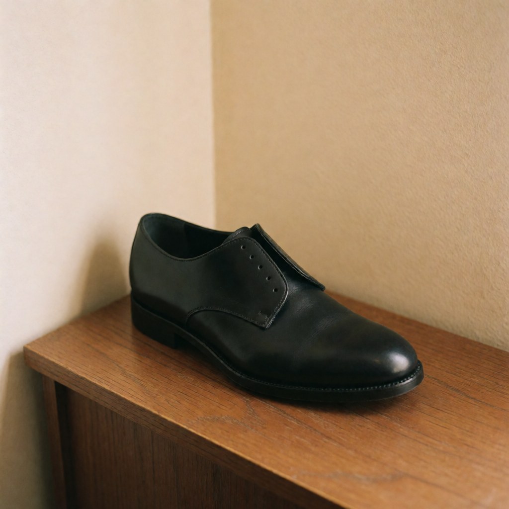 Vue rapprochée d'une chaussure en cuir noir restaurée posée sur une surface en bois clair, mettant en valeur la texture et les détails du travail artisanal.
