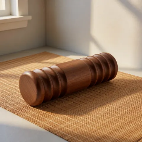 Plusieurs rouleaux de massage en bois foncé disposés sur une natte en bambou clair, évoquant le bien-être et la relaxation.